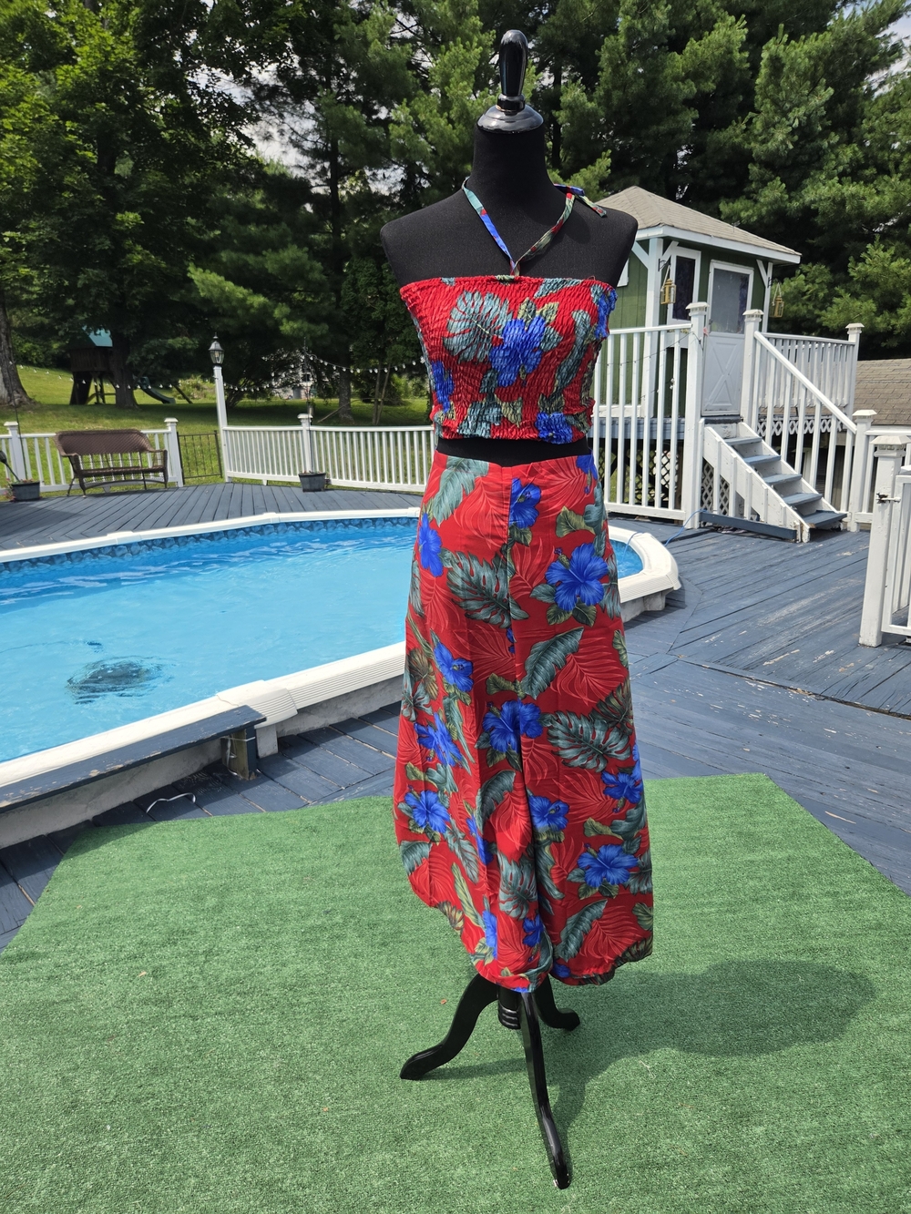 Red Tropical Print Bando Top And Pant Set - Women's Summer Casual